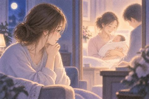 赤ちゃんを抱く別の女性を少し離れて見つめる人物