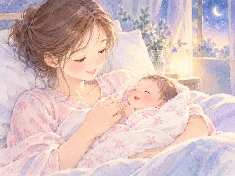 穏やかな表情で生まれた女の子を迎える女性