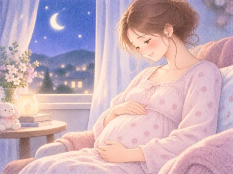 お腹に手を添えて静かに思いを巡らせる女性