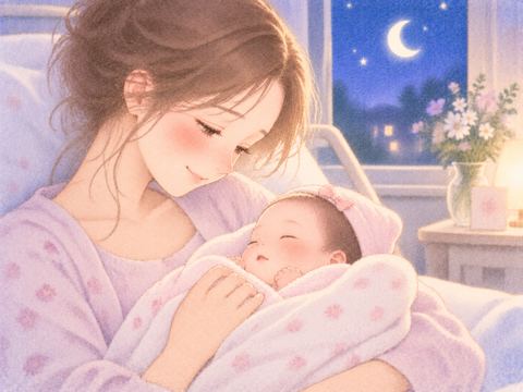 生まれた女の赤ちゃんを見つめる出産後の女性