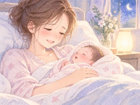 疲れながら生まれた女の子を見つめる女性