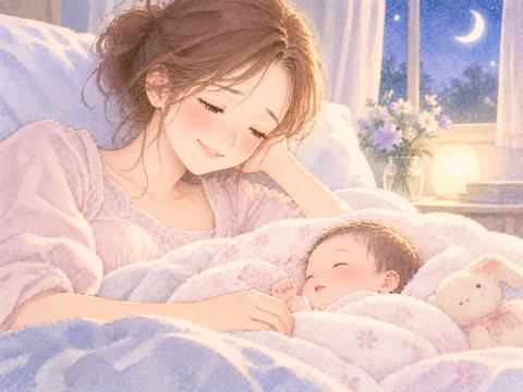 女の赤ちゃんをそばにしてほっと微笑む女性