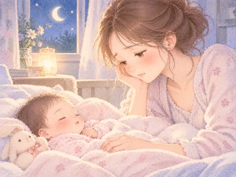 女の赤ちゃんを見ながら少し不安そうな女性