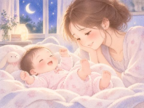 元気に手足を動かす女の赤ちゃんと見守る女性