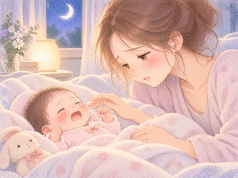 泣く女の赤ちゃんへ優しく手を伸ばす女性