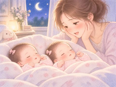 並んで眠る双子の女の赤ちゃんを見守る女性