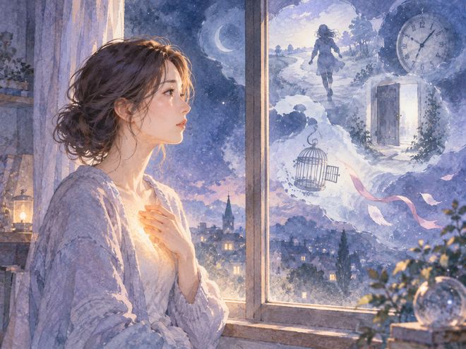 夜の窓辺で淡い夢の影と自分の胸元の光を見つめる女性