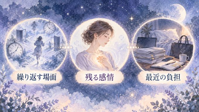 夢の場面と残る感情と現実の負担を三つに分けた夜色の図解