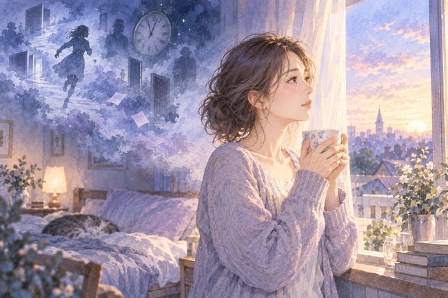 朝の窓辺で温かい飲み物を持ち気持ちを落ち着ける女性