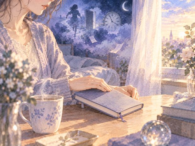 朝の光の中で夢を書いた紙を閉じて気持ちを切り替える女性の手元