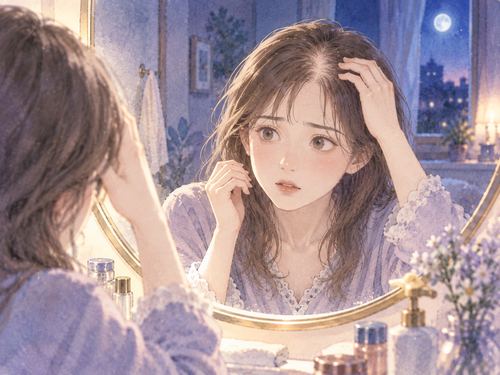 夜の鏡の前で前髪の薄くなった部分に気づく女性