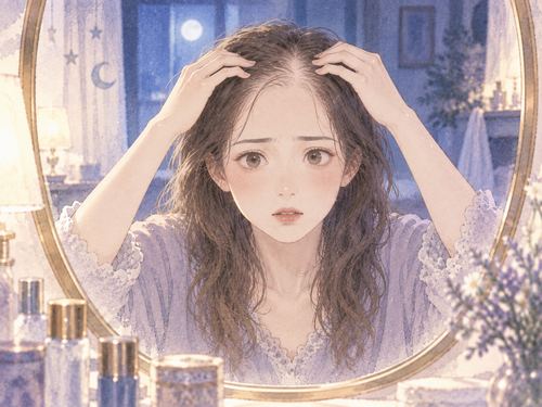 鏡の正面で前頭部の変化を見つめる女性