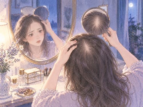 手鏡を使って頭頂部を確認しようとする女性