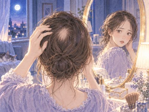 後頭部を鏡越しに確かめる女性の後ろ姿