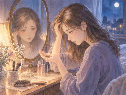 鏡の前で手に数本の髪を見つめる女性