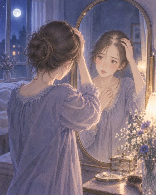 鏡に映る自分の髪の変化を見つめる女性