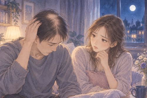 髪が薄くなった男性を心配そうに見つめる女性