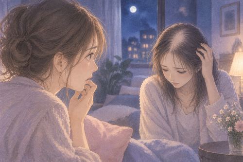 髪が薄く見える女性を静かに見つめる別の女性