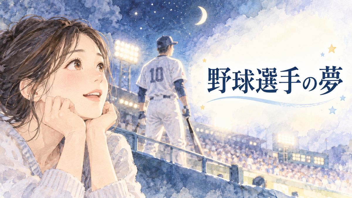 夜の野球場で野球選手を見つめる大人の女性