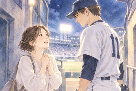 野球場で野球選手と対面する女性