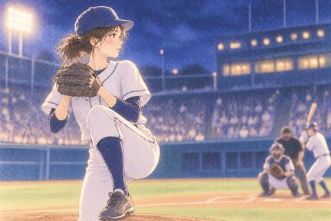 マウンドで投球姿勢を取る女性