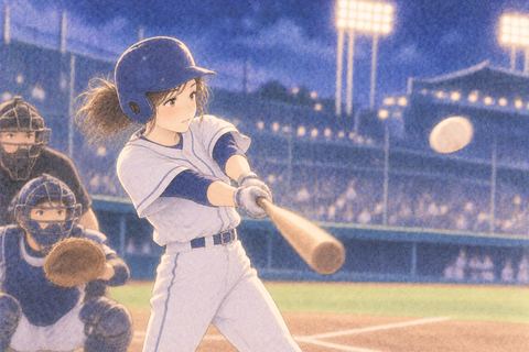 打席でボールを打とうとする女性