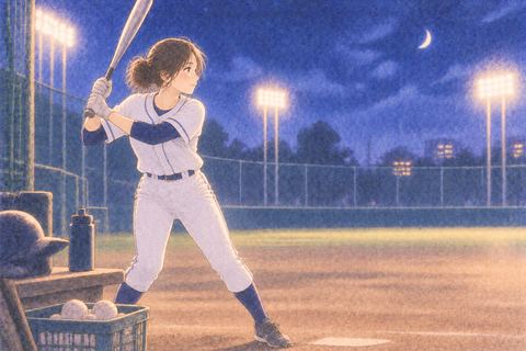 静かなグラウンドで素振りをする女性