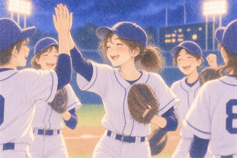 試合に勝って仲間と喜ぶ女性