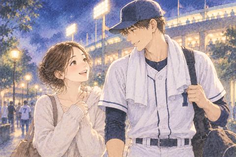 野球選手と並んで歩く嬉しそうな女性