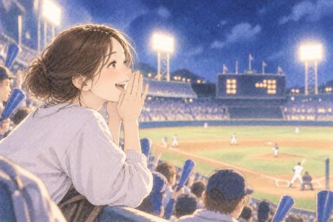 観客席から野球選手を応援する女性