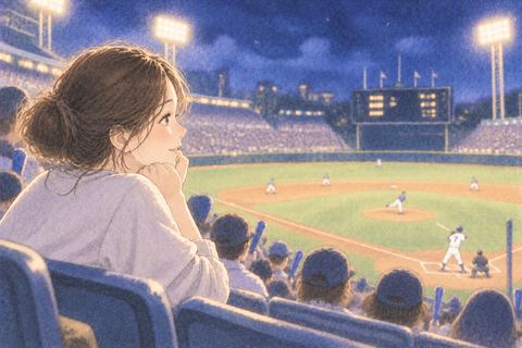 観客席で野球の試合を見つめる女性