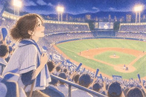 大きな野球場の観客席にいる女性