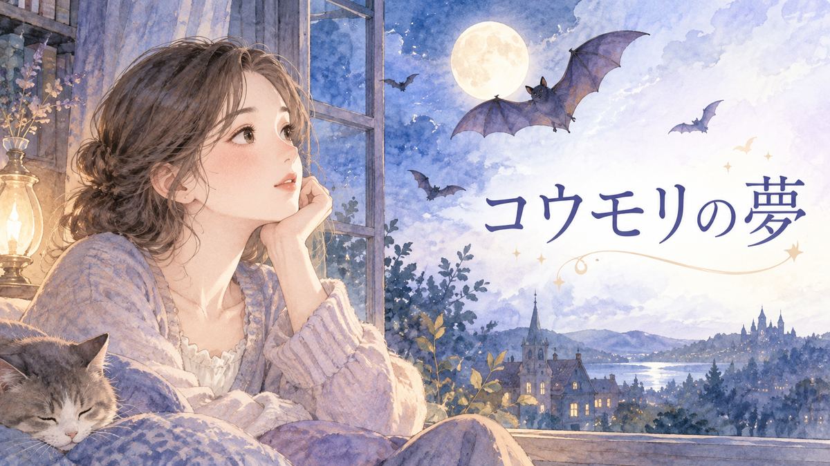 夜の窓辺でコウモリを見つめる大人の女性