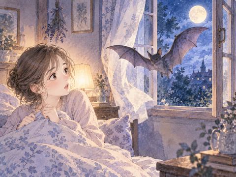 開いた窓から室内へ入ってくるコウモリ