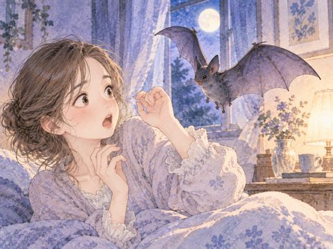 手元へ近づくコウモリに驚く女性