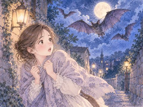飛んでくるコウモリから身を守る女性