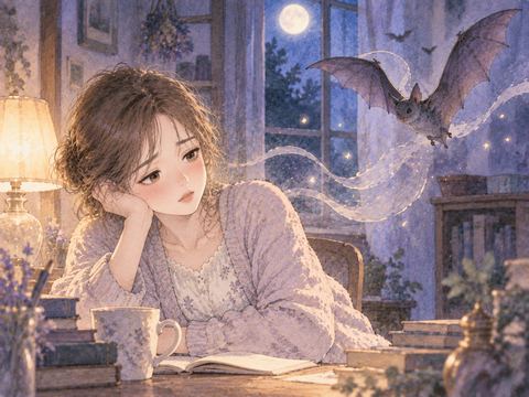 疲れた女性のそばを飛ぶコウモリ