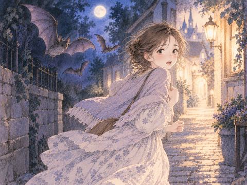 コウモリから離れて明るい方へ歩く女性