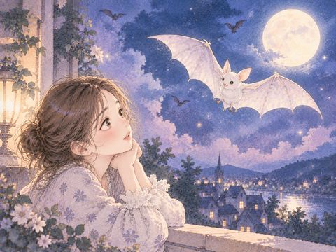 淡い夜空を飛ぶ白いコウモリ