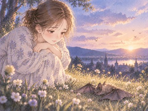 静かな草地に横たわるコウモリと朝の光