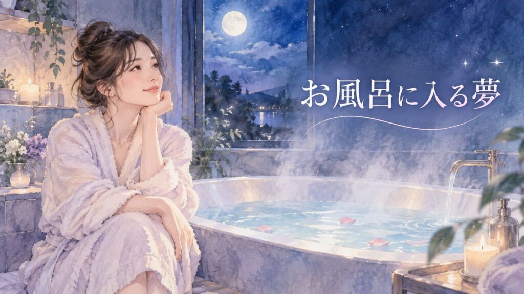 月明かりの浴室で湯船のそばに座り夢の余韻を感じる大人の女性