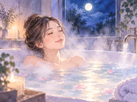 温かな湯気に包まれ気持ちよさそうに湯船でくつろぐ女性