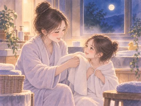 浴室で子供にタオルを渡し世話をする大人の女性