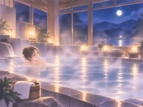 月明かりの差す広い湯船で小さくくつろぐ女性