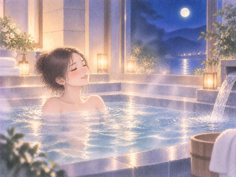 澄んだ湯と清潔な浴室でくつろぐ女性