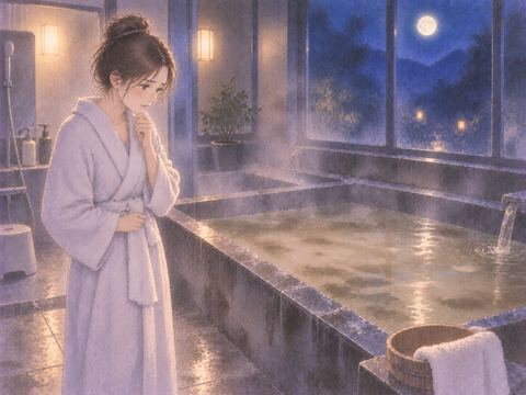 濁った湯と汚れた浴室を見て戸惑う女性