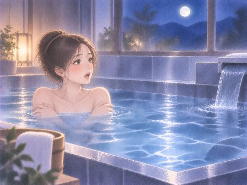 冷たい水風呂に入り驚いた表情をする女性