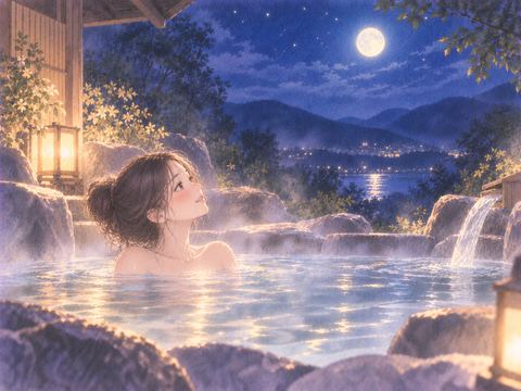 月夜の露天風呂で空を見上げる女性