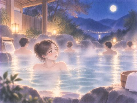 複数の大人が距離を空けて入る夜の混浴風呂