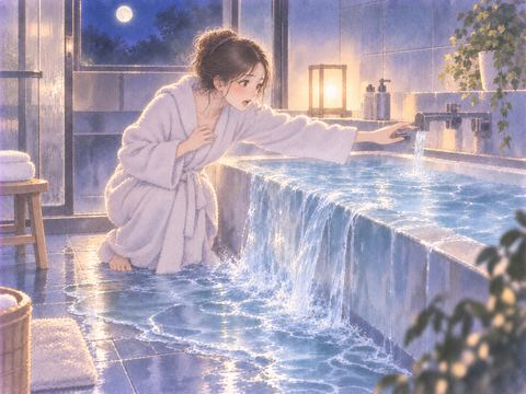 浴槽から溢れる水を見て驚く女性